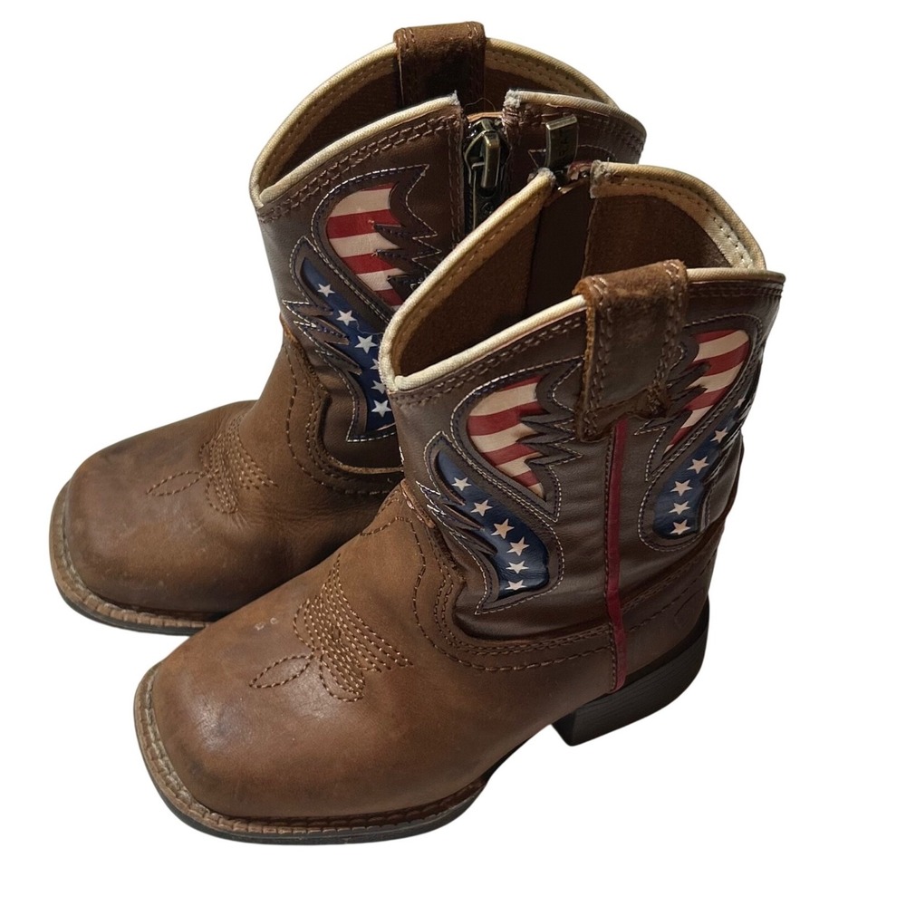 Ariat George Toddler Brown Patriotic American Flag Western Cowboy Boots Size 4-7